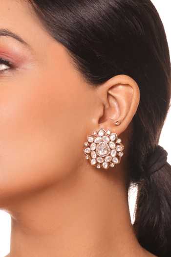 Shop_Amreli Jaipur_Gold Plated Stones, Crystals Polki Work Stud Earrings _at_Aza_Fashions