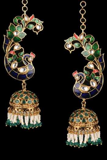 Shop_Amreli Jaipur_Multi Color Beads, Pearls, Stones Carved Kundan Jhumkas _at_Aza_Fashions