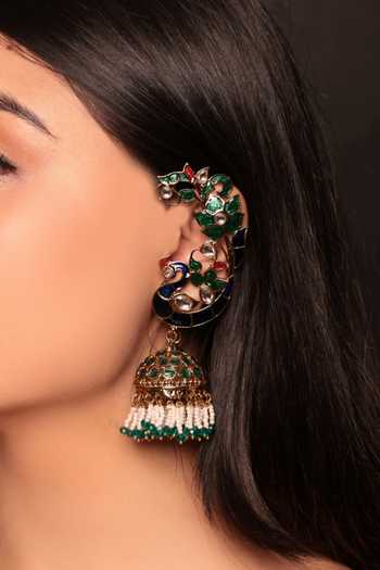 Buy_Amreli Jaipur_Multi Color Beads, Pearls, Stones Carved Kundan Jhumkas _at_Aza_Fashions