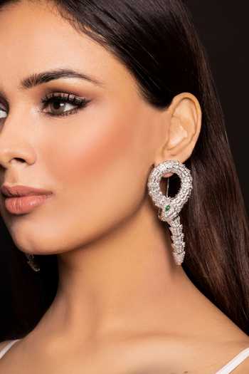 Shop_Amreli Jaipur_Silver Plated Faux Diamonds Stone Embellished Serpent Earrings _at_Aza_Fashions