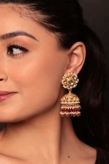 Shop_Amreli Jaipur_Gold Plated Beads, Pearls, Stones Pachi Kundan Jhumka Earrings _at_Aza_Fashions