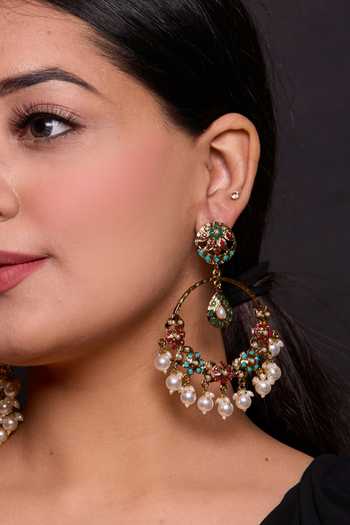 Shop_Amreli Jaipur_Multi Color Beads, Pearls, Stones Jadau Chandbali Earrings _at_Aza_Fashions