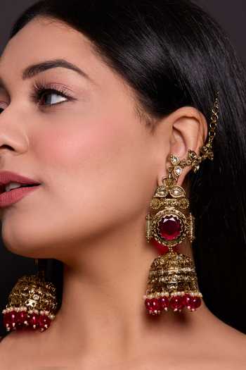Buy_Amreli Jaipur_Pink Beads, Pearls, Stones, Embellished Jhumkas _at_Aza_Fashions