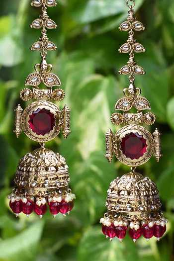 Shop_Amreli Jaipur_Pink Beads, Pearls, Stones, Embellished Jhumkas _at_Aza_Fashions