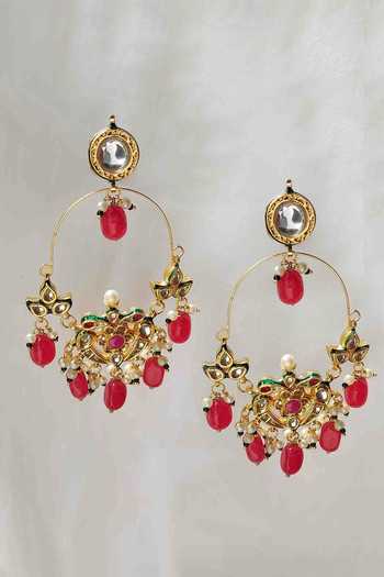 Shop_Amreli Jaipur_Red Pearls, Stones Kundan Embellished Chandbali Earrings _at_Aza_Fashions