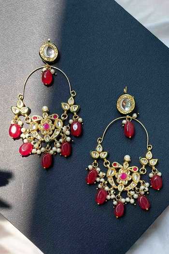 Buy_Amreli Jaipur_Red Pearls, Stones Kundan Embellished Chandbali Earrings _at_Aza_Fashions