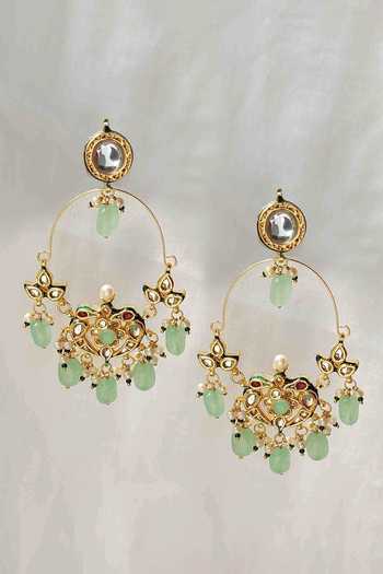 Shop_Amreli Jaipur_Green Beads, Pearls, Stones Kundan Work Earrings _at_Aza_Fashions