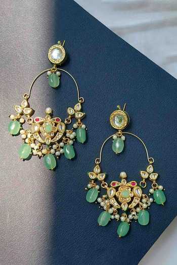 Buy_Amreli Jaipur_Green Beads, Pearls, Stones Kundan Work Earrings _at_Aza_Fashions