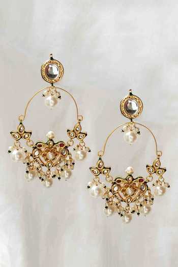 Shop_Amreli Jaipur_Green Beads, Pearls, Stones Kundan Earrings _at_Aza_Fashions