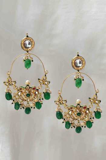 Shop_Amreli Jaipur_Green Beads, Pearls, Stones Kundan Chandbali Earrings _at_Aza_Fashions