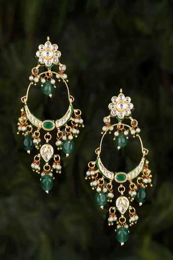 Shop_Amreli Jaipur_Green Beads, Pearls, Stones Kundan Chandbali Earrings  _at_Aza_Fashions