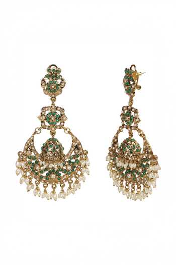 Shop_Amreli Jaipur_Green Pearls, Stones Jadau Earrings _at_Aza_Fashions