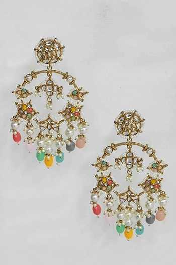 Shop_Amreli Jaipur_Multi Color Beads, Pearls, Stones Kundan Chandbali Earrings  _at_Aza_Fashions