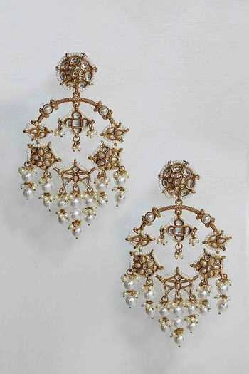 Shop_Amreli Jaipur_White Beads, Pearls, Stones Kundan Chandbali Earrings _at_Aza_Fashions