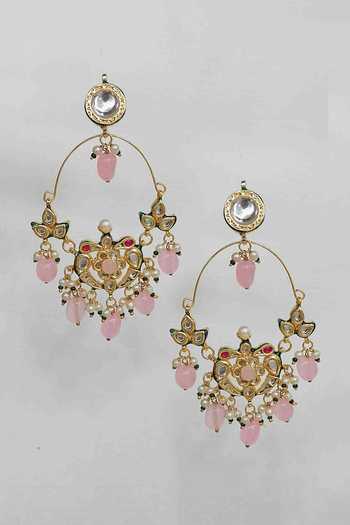 Amreli Jaipur_Pink Beads, Pearls, Stones Kundan Chandbali Earrings _Online_at_Aza_Fashions