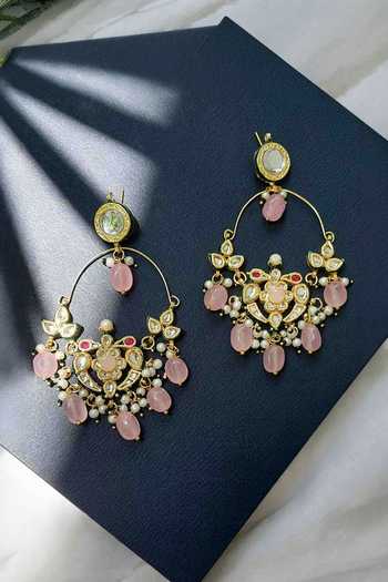Shop_Amreli Jaipur_Pink Beads, Pearls, Stones Kundan Chandbali Earrings _at_Aza_Fashions