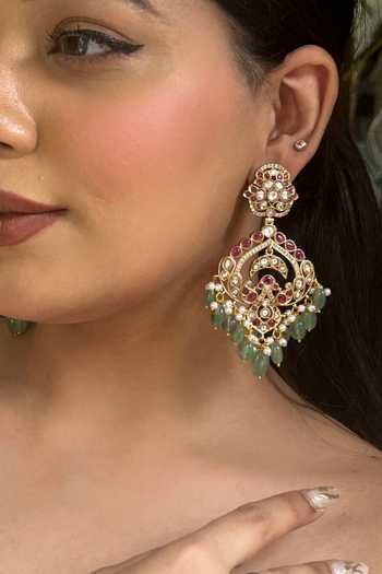 Buy_Amreli Jaipur_Multi Color Beads, Pearls, Stones Polki Kundan Chandbali Earrings _at_Aza_Fashions