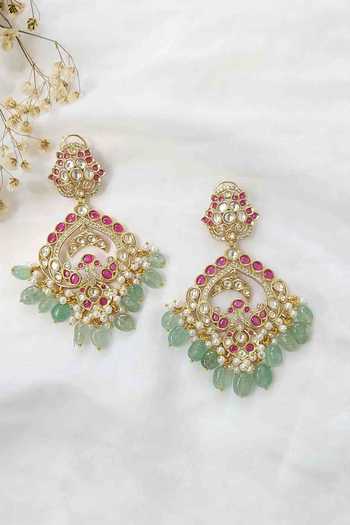 Shop_Amreli Jaipur_Multi Color Beads, Pearls, Stones Polki Kundan Chandbali Earrings _at_Aza_Fashions