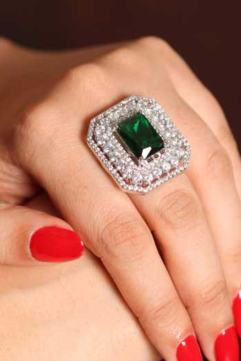 Shop_Amreli Jaipur_Green Stones American Diamond Embellished Ring _at_Aza_Fashions