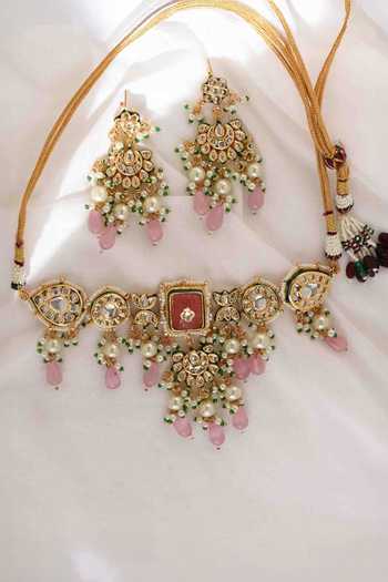 Shop_Amreli Jaipur_Multi Color Beads, Pearls, Stones Kundan Work Choker And Earrings Set _at_Aza_Fashions