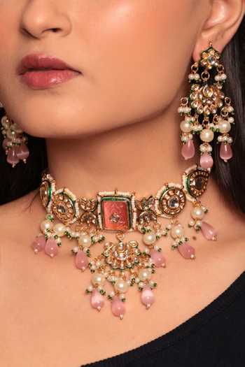 Buy_Amreli Jaipur_Multi Color Beads, Pearls, Stones Kundan Work Choker And Earrings Set _at_Aza_Fashions