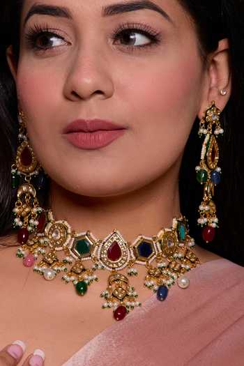 Shop_Amreli Jaipur_Multi Color Beads, Pearls, Stones Kundan Carved Choker And Earrings Set _at_Aza_Fashions
