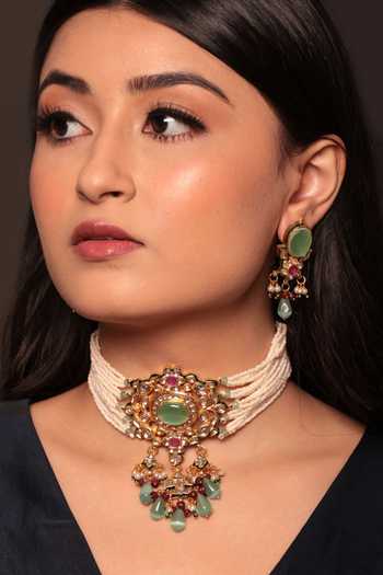 Shop_Amreli Jaipur_Green Beads, Pearls, Stones Kundan Embellished Choker And Earrings Set _at_Aza_Fashions