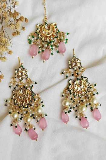 Shop_Amreli Jaipur_Pink Beads, Pearls, Stones Kundan Drop Earrings And Maangtikka Set _at_Aza_Fashions