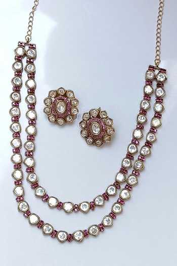 Shop_Amreli Jaipur_Red Stones, Embellished Necklace And Earrings Set _at_Aza_Fashions