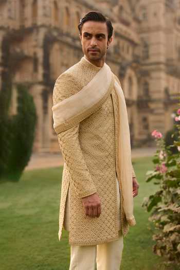 Buy_Seema Gujral_Gold Silk Sequins, Beads Thread Embroidered Sherwani Set _Online_at_Aza_Fashions