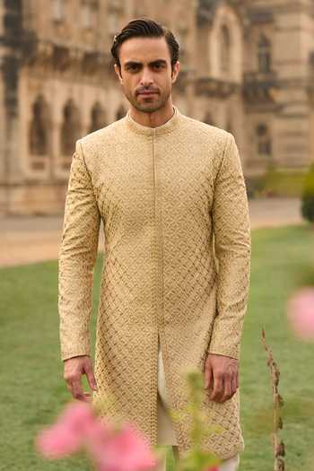 Shop_Seema Gujral_Gold Silk Sequins, Beads Thread Embroidered Sherwani Set _Online_at_Aza_Fashions