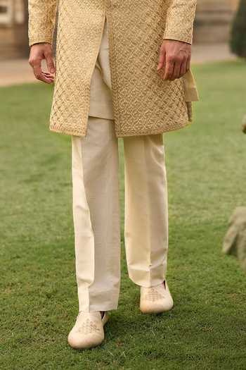 Seema Gujral_Gold Silk Sequins, Beads Thread Embroidered Sherwani Set _at_Aza_Fashions
