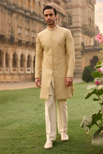Buy_Seema Gujral_Gold Silk Sequins, Beads Thread Embroidered Sherwani Set _at_Aza_Fashions
