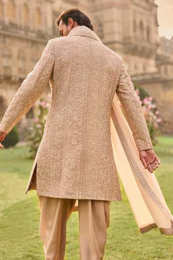 Seema Gujral_Rose Gold Satin, Linen Embroidery, Sequins, Beads, Zari Sherwani Set _Online_at_Aza_Fashions