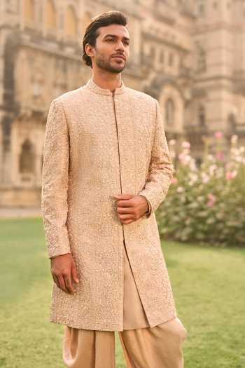 Buy_Seema Gujral_Rose Gold Satin, Linen Embroidery, Sequins, Beads, Zari Sherwani Set _Online_at_Aza_Fashions