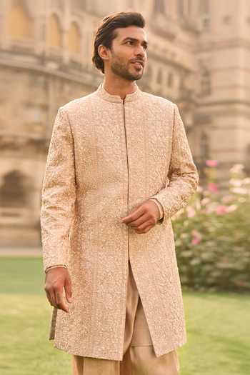 Shop_Seema Gujral_Rose Gold Satin, Linen Embroidery, Sequins, Beads, Zari Sherwani Set _Online_at_Aza_Fashions