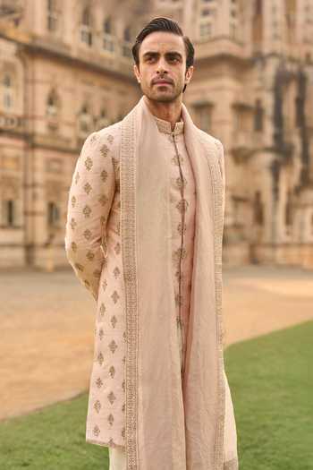 Seema Gujral_Peach Silk Embroidery, Sequins, Beads, Zari Dori Sherwani Set _Online_at_Aza_Fashions