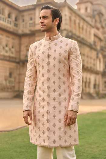 Buy_Seema Gujral_Peach Silk Embroidery, Sequins, Beads, Zari Dori Sherwani Set _Online_at_Aza_Fashions
