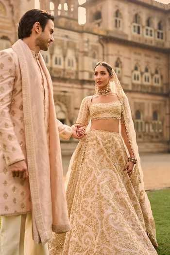 Shop_Seema Gujral_Peach Silk Embroidery, Sequins, Beads, Zari Dori Sherwani Set _Online_at_Aza_Fashions