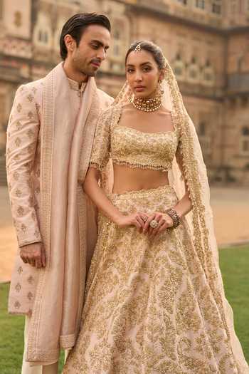 Seema Gujral_Peach Silk Embroidery, Sequins, Beads, Zari Dori Sherwani Set _at_Aza_Fashions