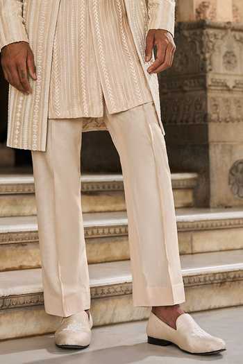 Buy_Seema Gujral_Beige Satin, Linen Embroidery, Pearls Sherwani Set _Online_at_Aza_Fashions
