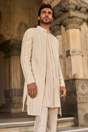 Seema Gujral_Beige Satin, Linen Embroidery, Pearls Sherwani Set _Online_at_Aza_Fashions