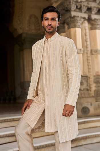 Shop_Seema Gujral_Beige Satin, Linen Embroidery, Pearls Sherwani Set _Online_at_Aza_Fashions