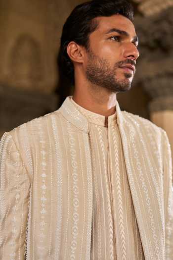 Buy_Seema Gujral_Beige Satin, Linen Embroidery, Pearls Sherwani Set 