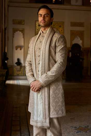 Seema Gujral_Grey Silk, Cotton Embroidery, Sequins, Beads Thread Sherwani Set _Online_at_Aza_Fashions