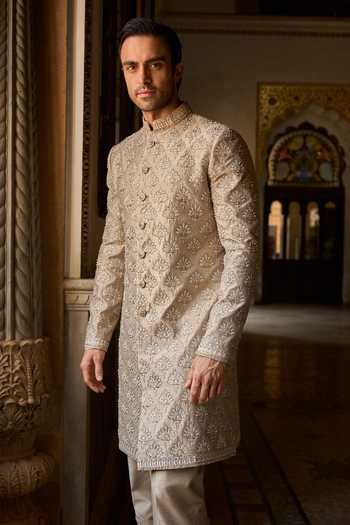 Buy_Seema Gujral_Grey Silk, Cotton Embroidery, Sequins, Beads Thread Sherwani Set _Online_at_Aza_Fashions