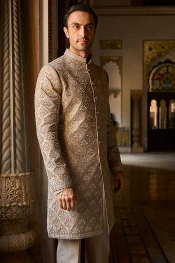 Shop_Seema Gujral_Grey Silk, Cotton Embroidery, Sequins, Beads Thread Sherwani Set _Online_at_Aza_Fashions