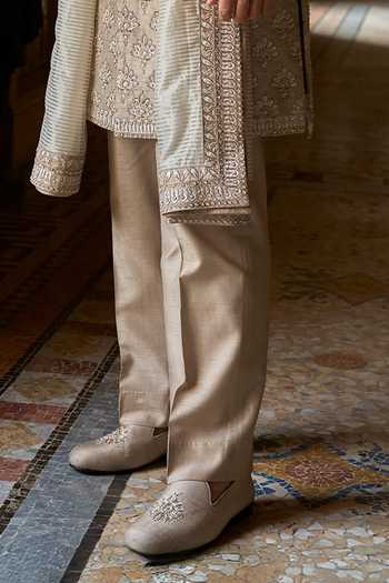 Seema Gujral_Grey Silk, Cotton Embroidery, Sequins, Beads Thread Sherwani Set _at_Aza_Fashions