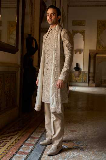 Buy_Seema Gujral_Grey Silk, Cotton Embroidery, Sequins, Beads Thread Sherwani Set _at_Aza_Fashions