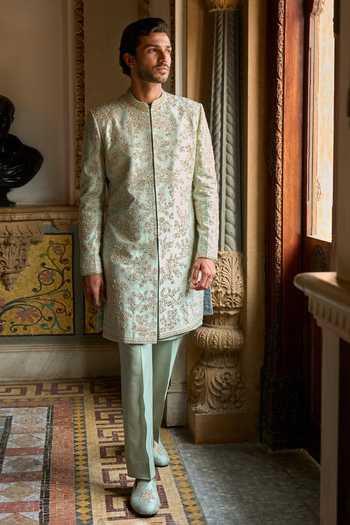 Buy_Seema Gujral_Green Satin, Linen Embroidery, Sequins, Beads, Zari Sage Sherwani Set _at_Aza_Fashions